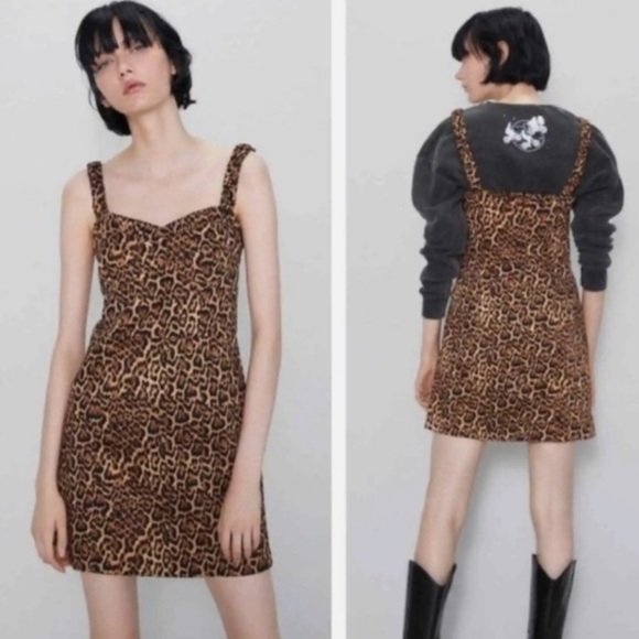 Zara Women M Leopard Animal Print Sweetheart Neckline Sleeveless Mini Dress NWT - Picture 1 of 9